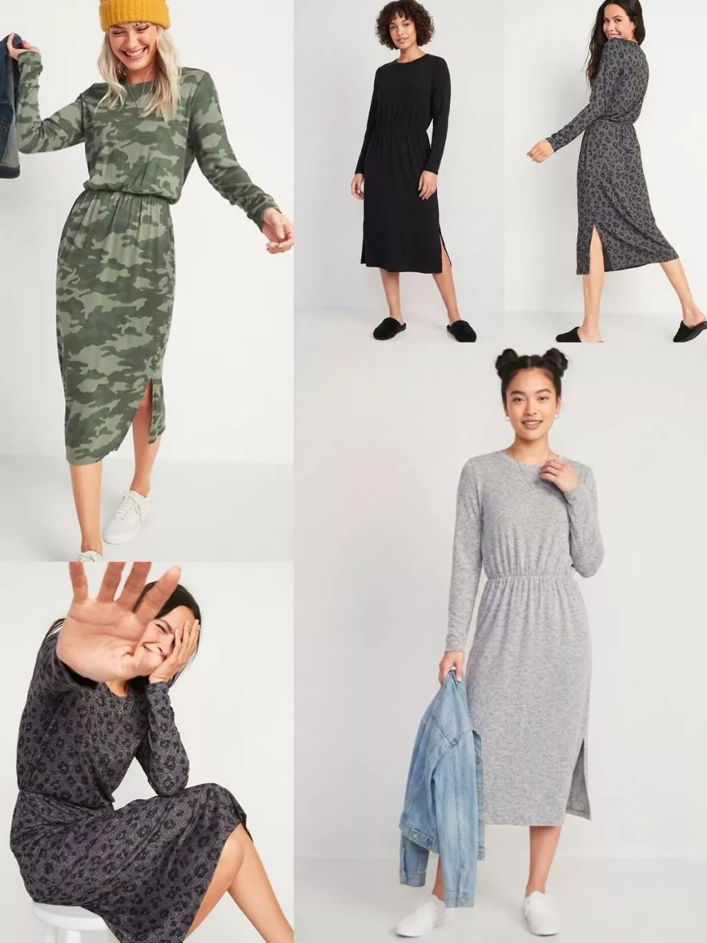 Dress Midi Wanita OLN Waist-Defined Long-Sleeve Midi T-Shirt Dress - 2406