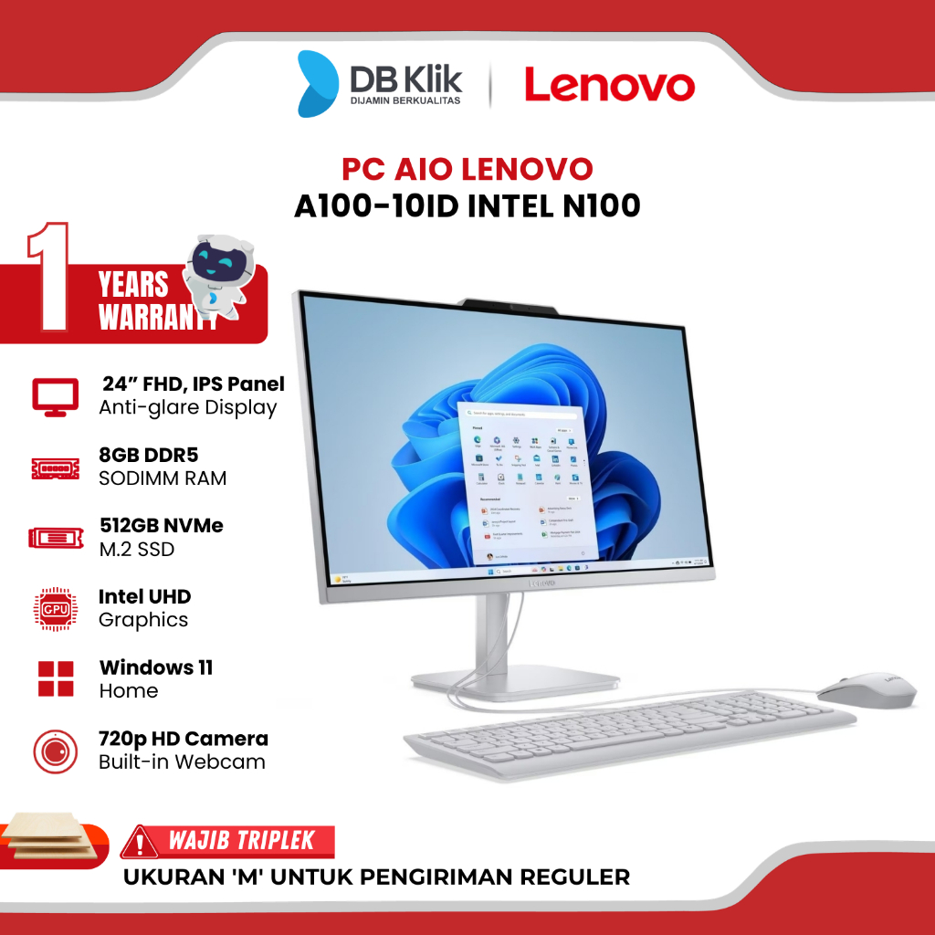 PC AIO Lenovo A100-10ID INTEL N100 8GB DDR5/512GB M.2 NVMe INTEL UHD Windows 11 Home NO OHS 24" FHD IPS - Cloud Grey