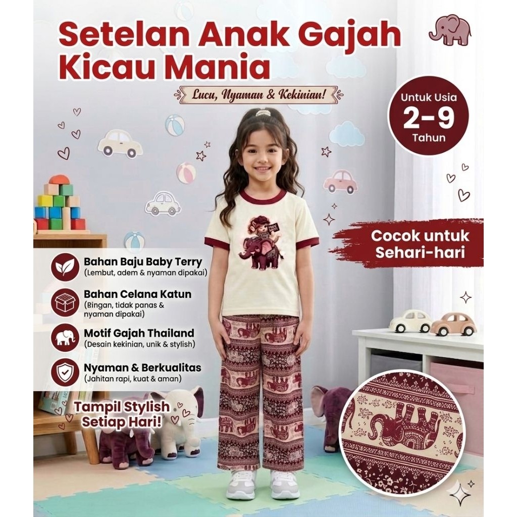 Setelan Anak Perempuan Viral Motif Gajah Kicau Mania Usia 2 - 9 Tahun / Oneset Anak Kekinian / Setelan Anak Perempuan