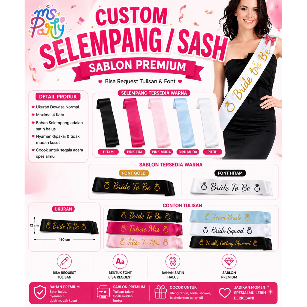MS PARTY 1HARI JADI SELEMPANG SASH CUSTOM TULISAN / SELEMPANG CUSTOM HAPPY BIRTHDAY / BRIDAL SHOWER / BRIDE TO BE / WISUDA