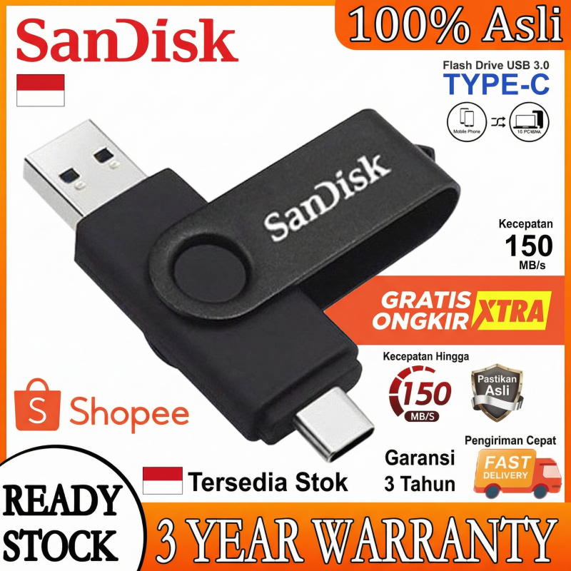 Jual Sandisk flashdrive 256GB/128GB/64GB Flash Disk OTG 2IN1 Type-C ...