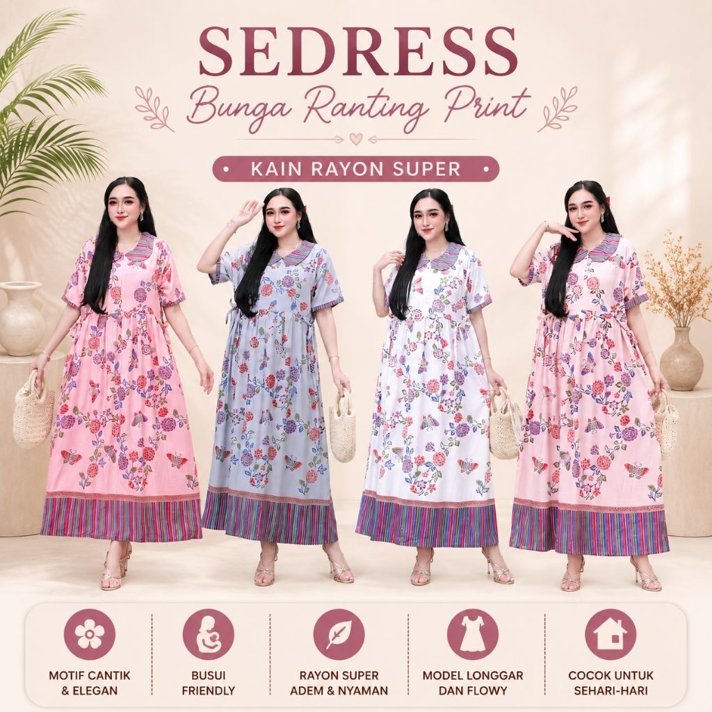 Jual Sedress Bunga Ranting Print Rayon Super | Dress Busui Wanita Jumbo ...