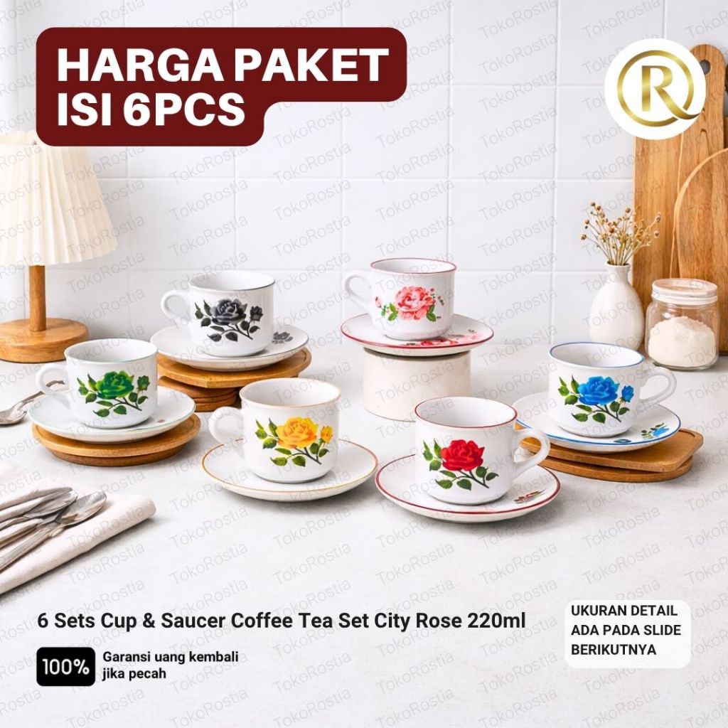 6 Sets Cup & Saucer Coffee Tea Set City Rose 220ml Stoneware Keramik