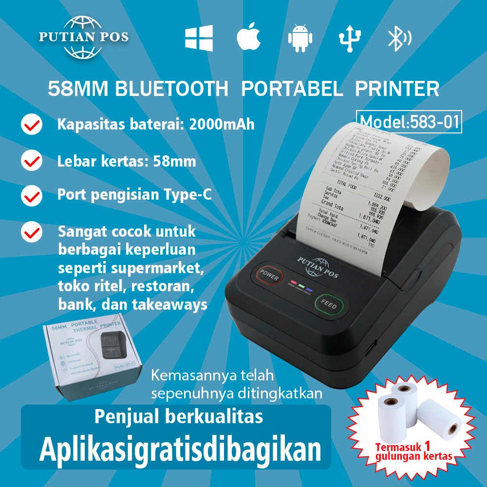 Printer termal mesin kasir portabel, alat pencetakan tanda terima, mendukung sistem Android/iOS/Windows, koneksi Bluetooth + USB, hadiah gratis