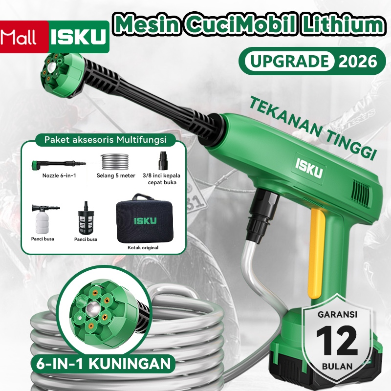 ISKU High Pressure Washer Upgrade Mesin Cuci Mobil Lithium Tekanan Tinggi Senapan Semprot Air Portable Wireless Jet Cleaner Air Multifungsi Alat Cuci Motor Rumah Tangga Pembersih Tekanan Tinggi dengan Nozel 6 in 1 Tembaga