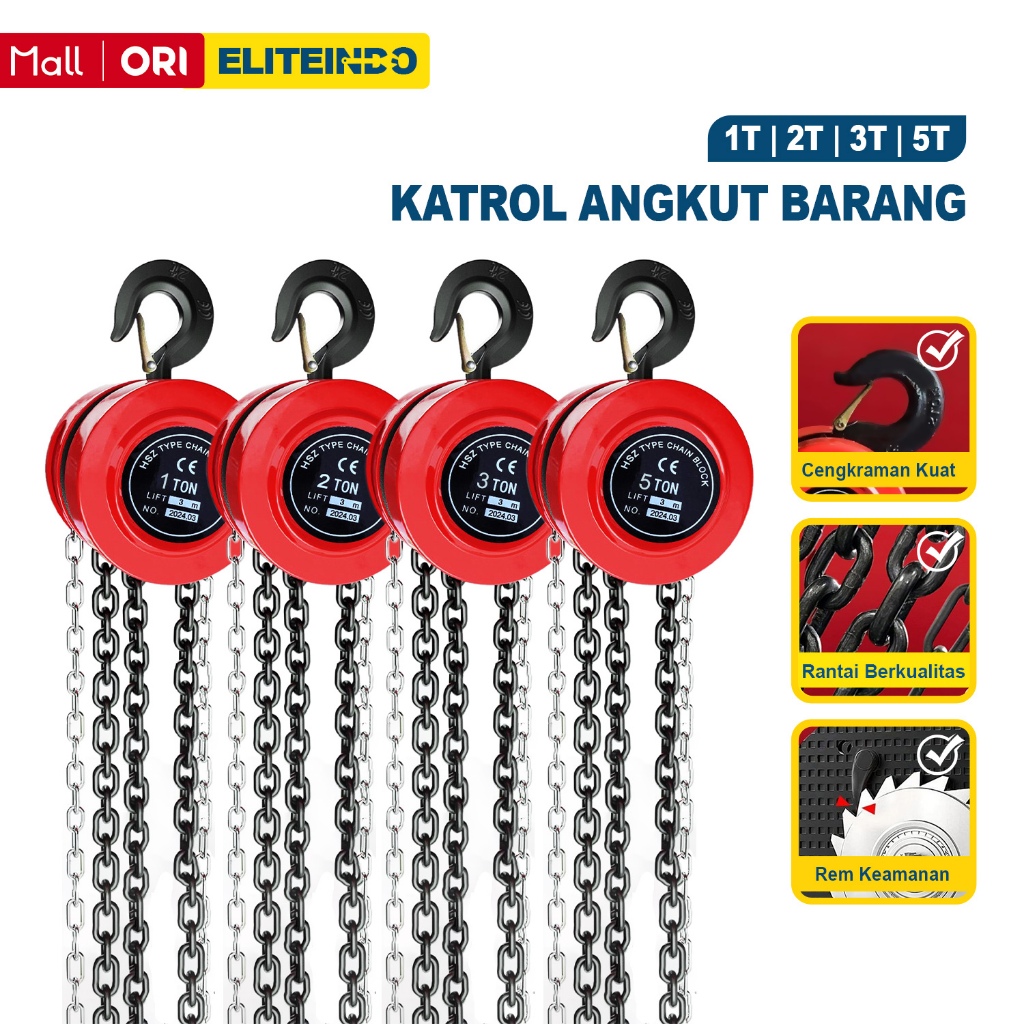 Jual Kerekan Katrol Rantai Angkat Barang 1/2/3/5T 3M Baja Kuat Hoist ...