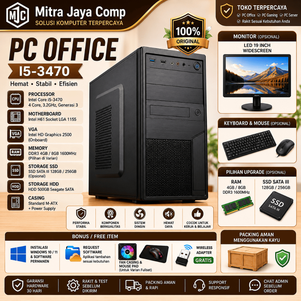 Jual 1 Set PC Rakitan Fullset Office i5 3470 Ram 8GB SSD HDD