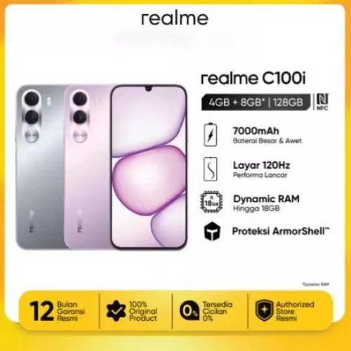 Realme C100i HP Baterai besar 7000mAh + Tahan debu & air IP64 + Layar refresh rate tinggi 120Hz + Tahan benturan standar militer