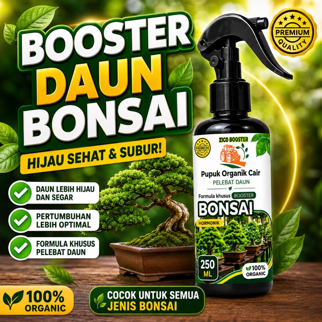 Zico Booster Spray Daun Bonsai 250 ml - Pupuk Organik Cair 100% Organic untuk Pertumbuhan Optimal & Daun Lebih Hijau Segar dengan Nutrisi Lengkap untuk Tanaman Hortikultura dan Perkebunan - Bunga