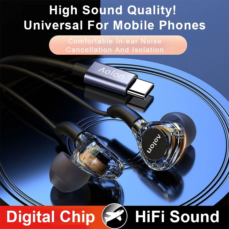 Aolon RM670 Headset Wired Earphones Hi-Fi Lossless Headphones Noise Reduction Built-In HD Microphone In-Ear Music Stereo 3.5mm&Type-C Wired 1.2M Kabel Braided Cord - foto 1