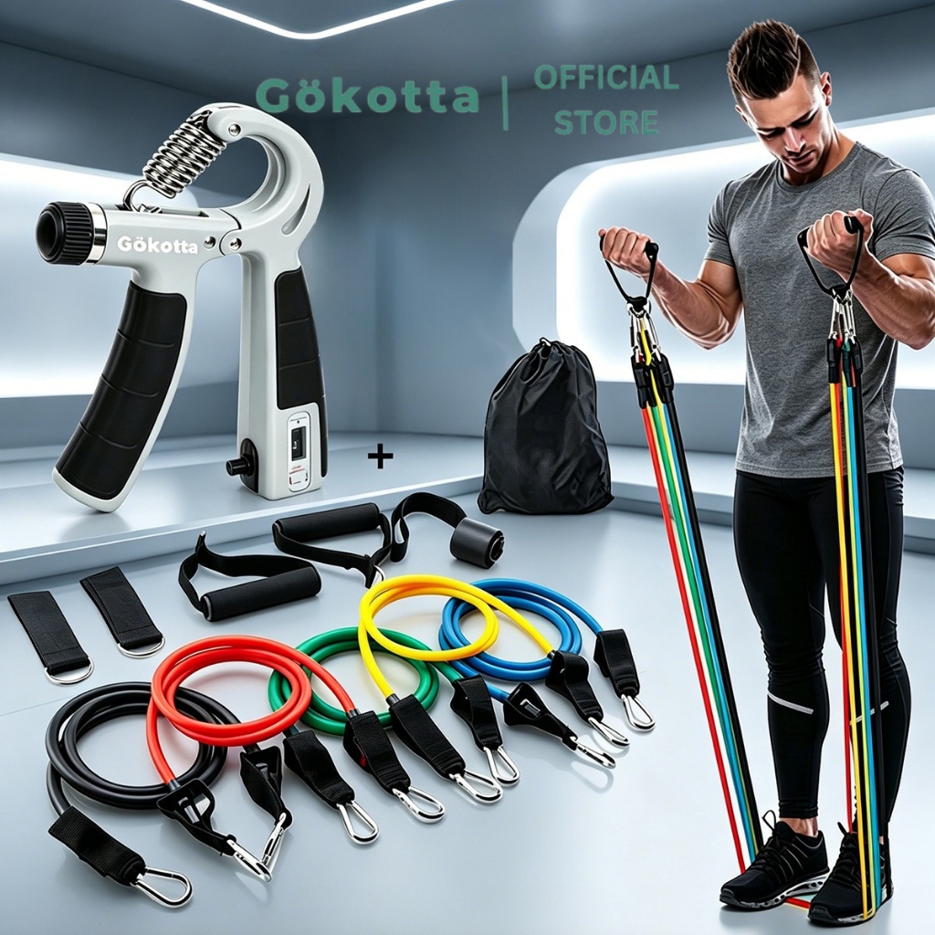 GOKOTTA Paket Fitness 2in1 Hand Grip Adjustable + Resistance Band Set 11pcs | Alat Olahraga Tangan, Lengan & Full Body Workout