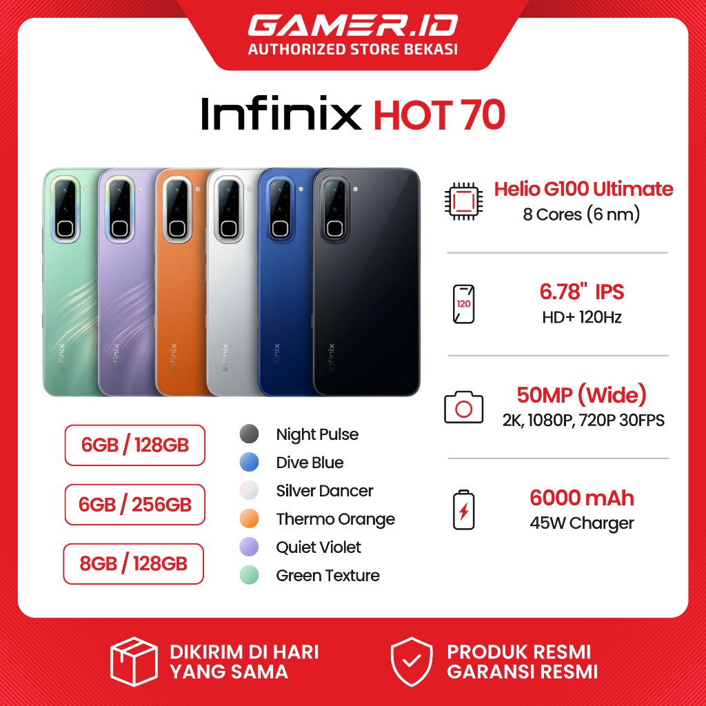 Infinix Hot 70 6GB/128GB Helio G100 Ultimate 8GB/128GB 6GB/256GB 120Hz Garansi Resmi Indonesia