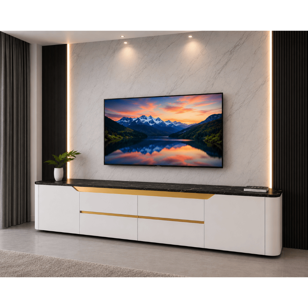 Meja TV Minimalis Modern Lowboard Aestetik Model Round Lengkung MTV9 Rak TV Elegan Stylish Desain Kekinian Cocok untuk Ruang Tamu Living Room Kualitas Premium Bisa Custom Warna dan Ukuran