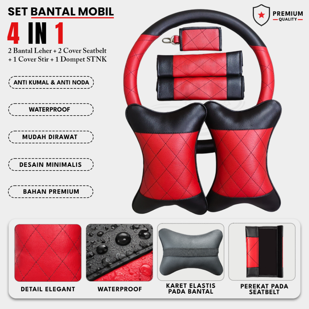 Set Bantal Mobil 4 in 1 Premium Bantal Leher Cover Seatbelt Cover Stir Free Dompet STNK