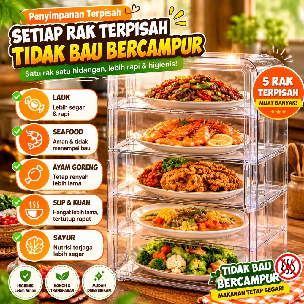 Tutup Makanan 5 Tingkat Pintu Magnet Rak Makanan Transparan Anti Debu Higienis Tetap Hangat Dapur