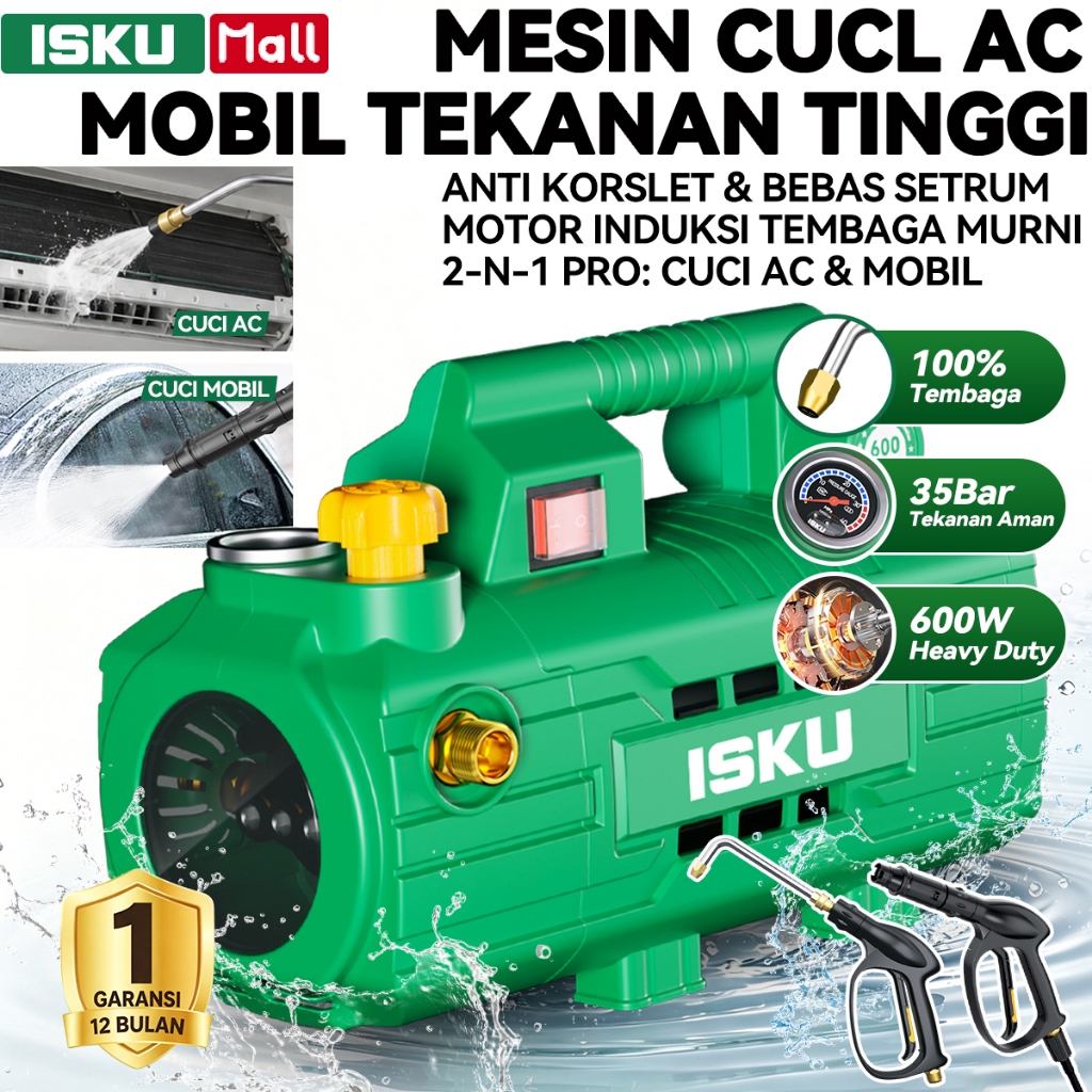 ISKU Mesin Cuci Mobil AC Motor Induksi Tembaga Murni Jet Cleaner 600W Anti Korsleting Alat Steam High Pressure Washer Heavy Duty Bebas Setrum Tahan Air Pompa Plunger Pembersih Lumut Karpet Cuci Salju Alat Bengkel Cuci Motor Lengkap