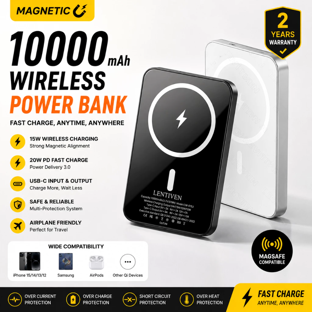 LENTIVEN Powerbank Wireless 10000Mah Mini Fast Charging Magsafe Magnetic 20W For Iphone Garansi 1 Tahun CW013J