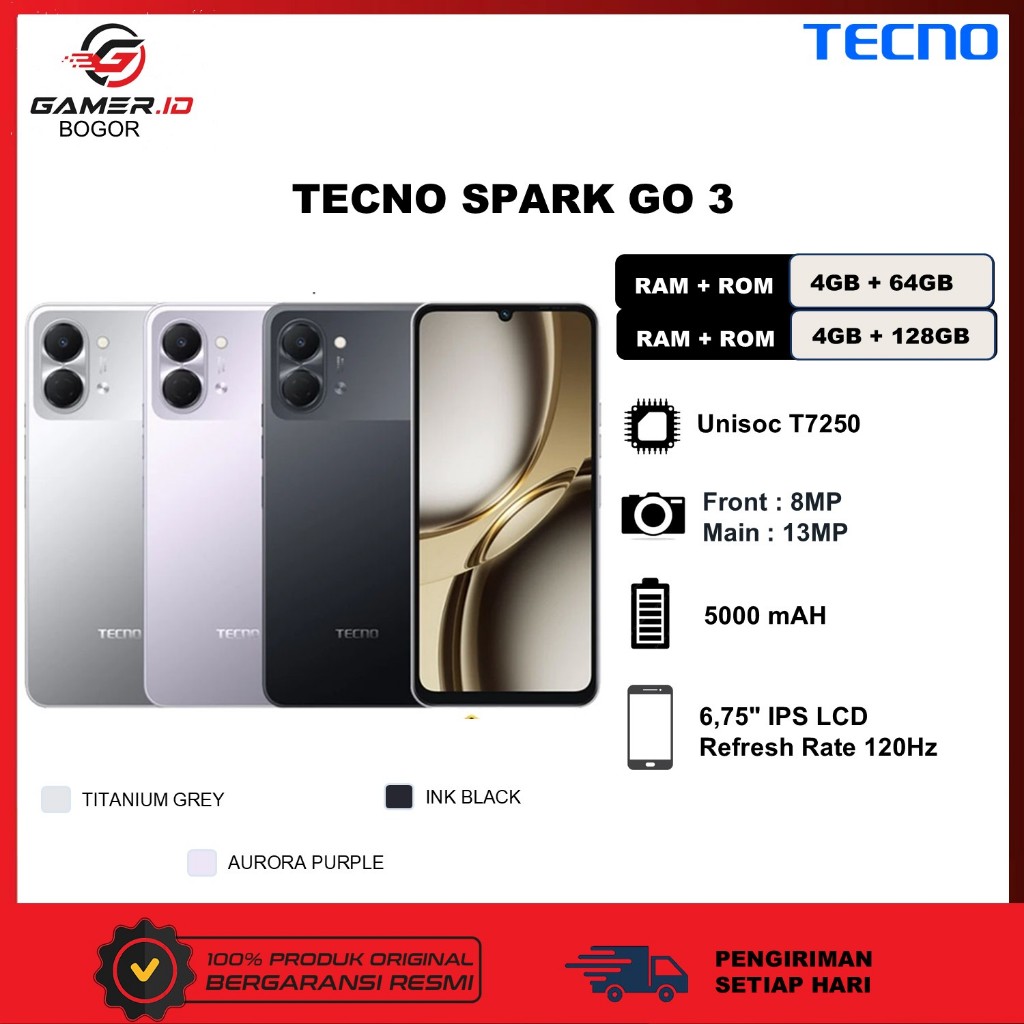 Tecno Spark GO 3 4GB 64GB/128GB | T7250 | 120Hz 6.75'' Dot Notch Screen | 5000mAh | GARANSI RESMI