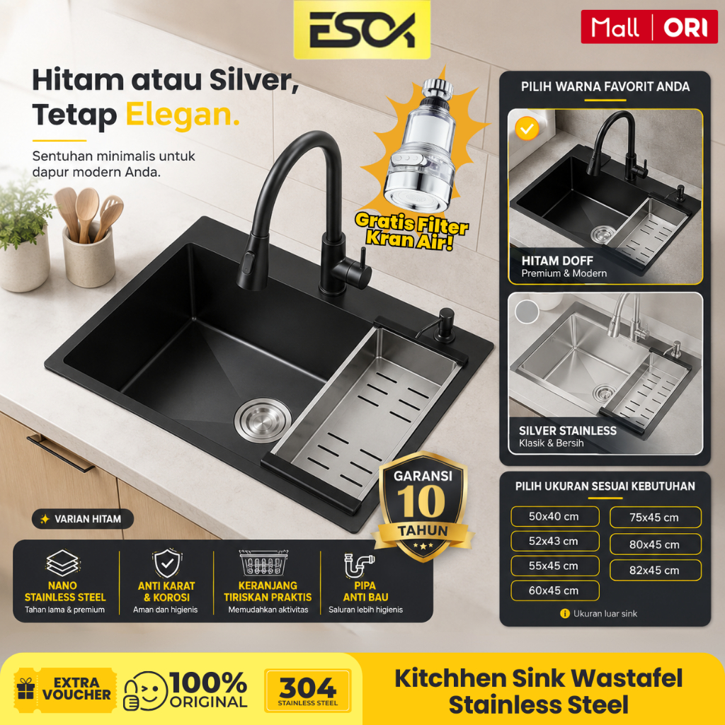 ESOK Set Bak Cuci Piring Besar Kitchen Sink Wastafel Stainless Steel Hitam / Silver 0.3MM