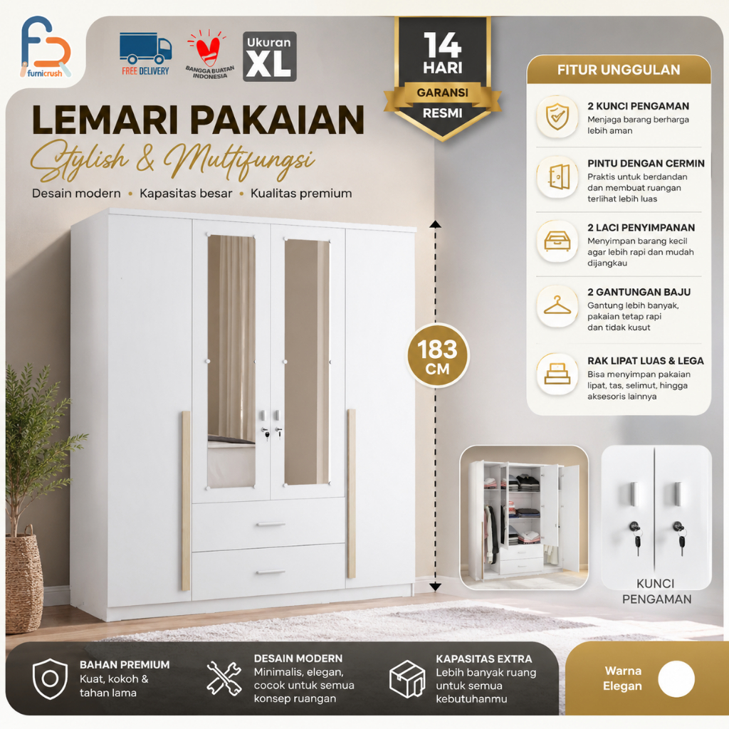 Jual Furnicrush Lemari Pakaian 4 Pintu / Lemari Full Rak / Lemari Putih ...