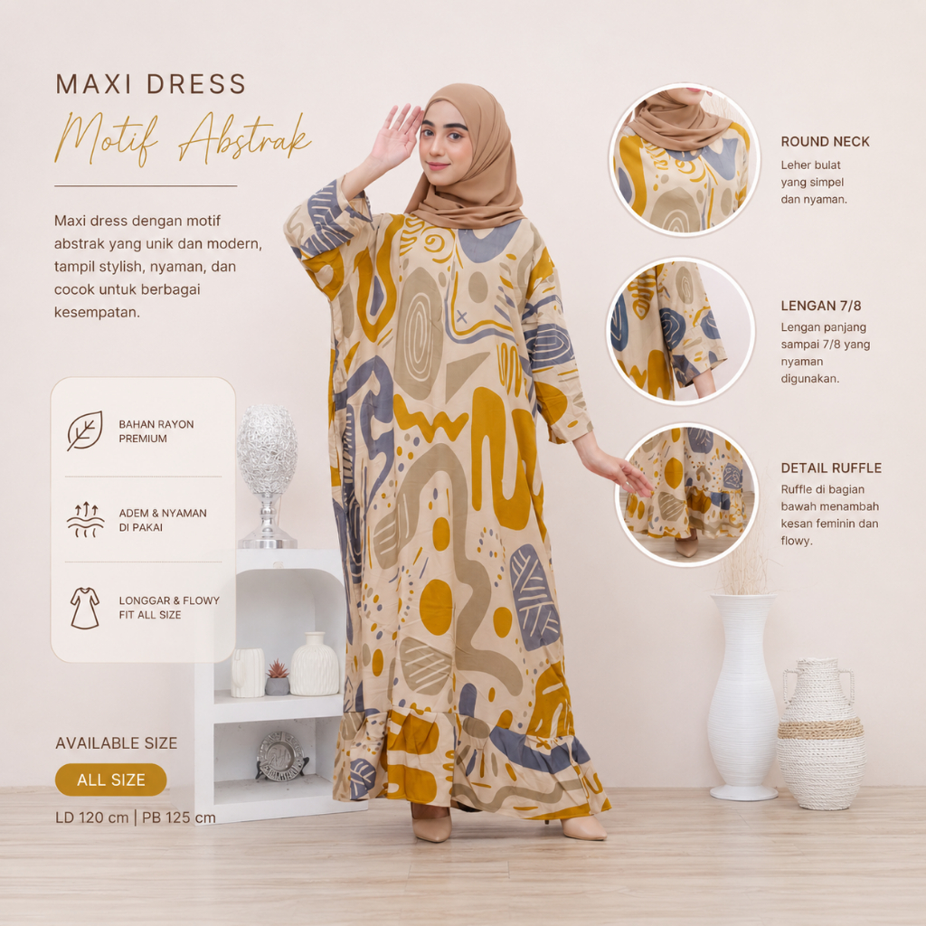 Jual Daster dress midi dress motif kekinian tangan 3/4 katun rayon ...