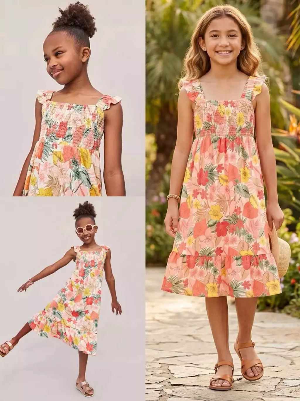 Dress Midi Anak Junior CTR Girls Floral Smocked Midi Dress - 2649