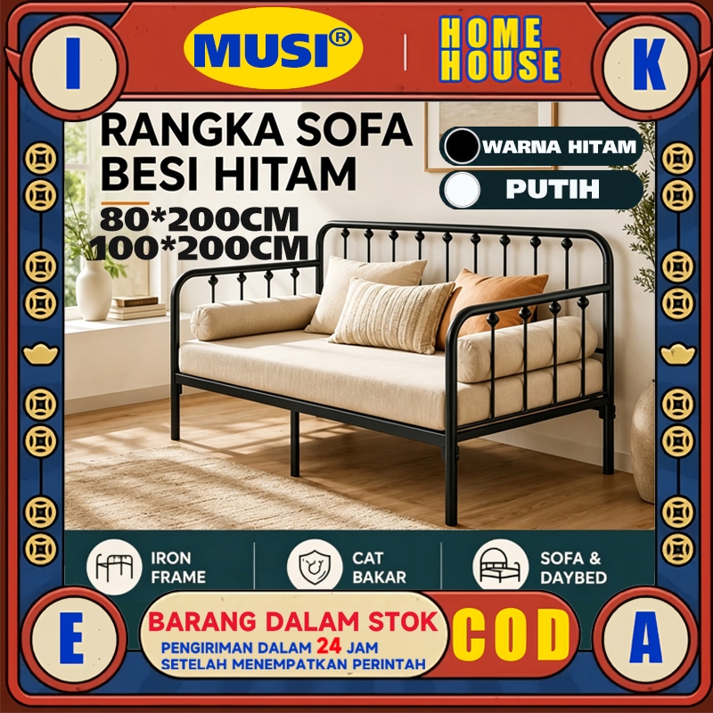 sofa bed besi Yelena dalam ruangan bergaya Nordic, menampilkan rangka besi dan permukaan kasur
