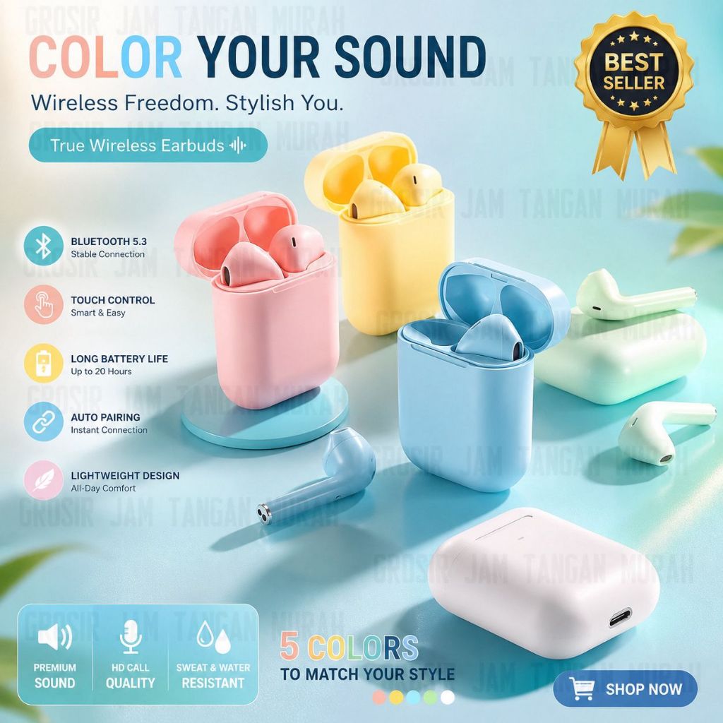 HEADSET BLUETOOTH INPODS WIRELESS i12 MACARON EARPHONE TWS BLUETOOTH 5.0 WARNA MACARON