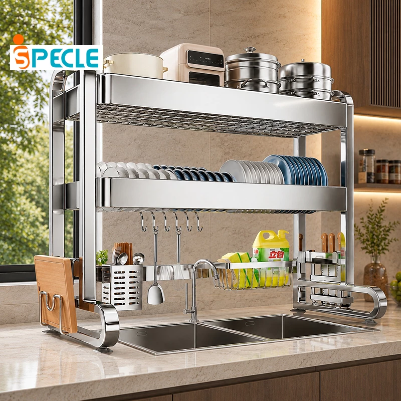 iSPECLE Rak Piring Wastafel 1/2 Susun Rak Piring Stainless Steel 62-92cm Rak Cuci Piring Rak Dapur Serbaguna