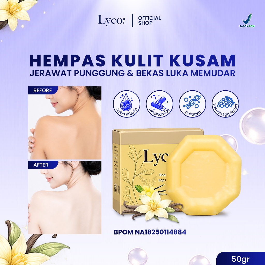Lyco Sabun Pencerah Badan Kojic Acid Salmon Egg Extract Coconut Oils Samarkan Noda Hitam Mencerahkan Kulit Kusam Memperbaiki Skin Barrier Cegah Penuaan Dini BPOM