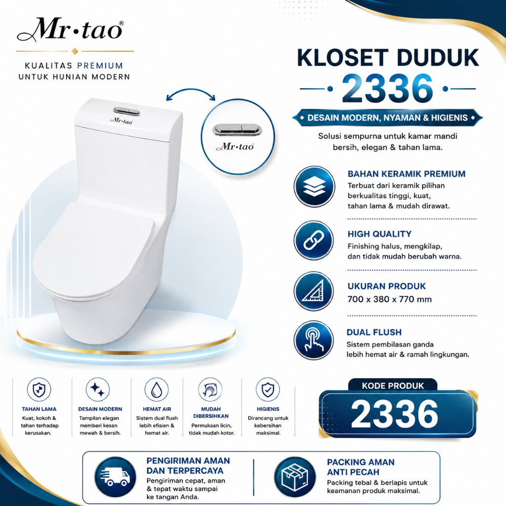 Closet duduk complete set Mr. Tao tipe 2336 (Jet shower, Selang fleksible, Stop keran) dan free pembersih kloset si biru