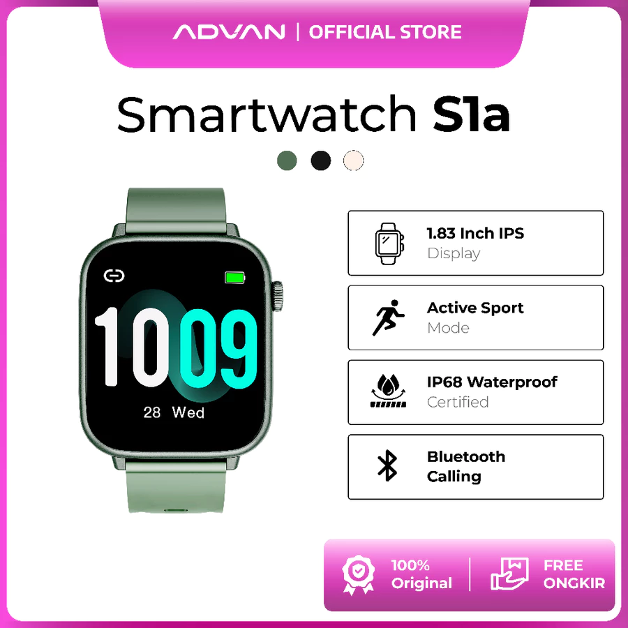 ADVAN Smartwatch S1a | 1.83 Inch | Bluetooth Call | 20 Hari Standby | IP68 Waterproof | Heart Rate | Garansi Resmi 1 Tahun
