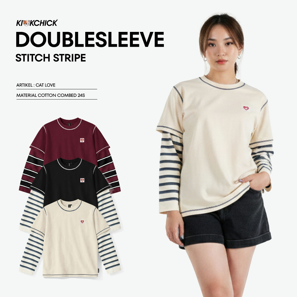 Kickchick Doublesleeve Stitch Stripe Cat Love | Kaos Atasan…