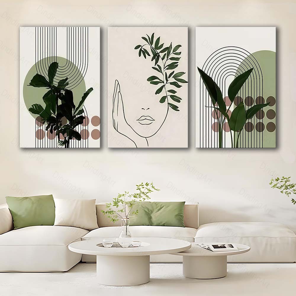 Lukisan Dinding 3in1 SET Gambar Tanaman Hijau Minimalis Hiasan Ruang Tamu Modern