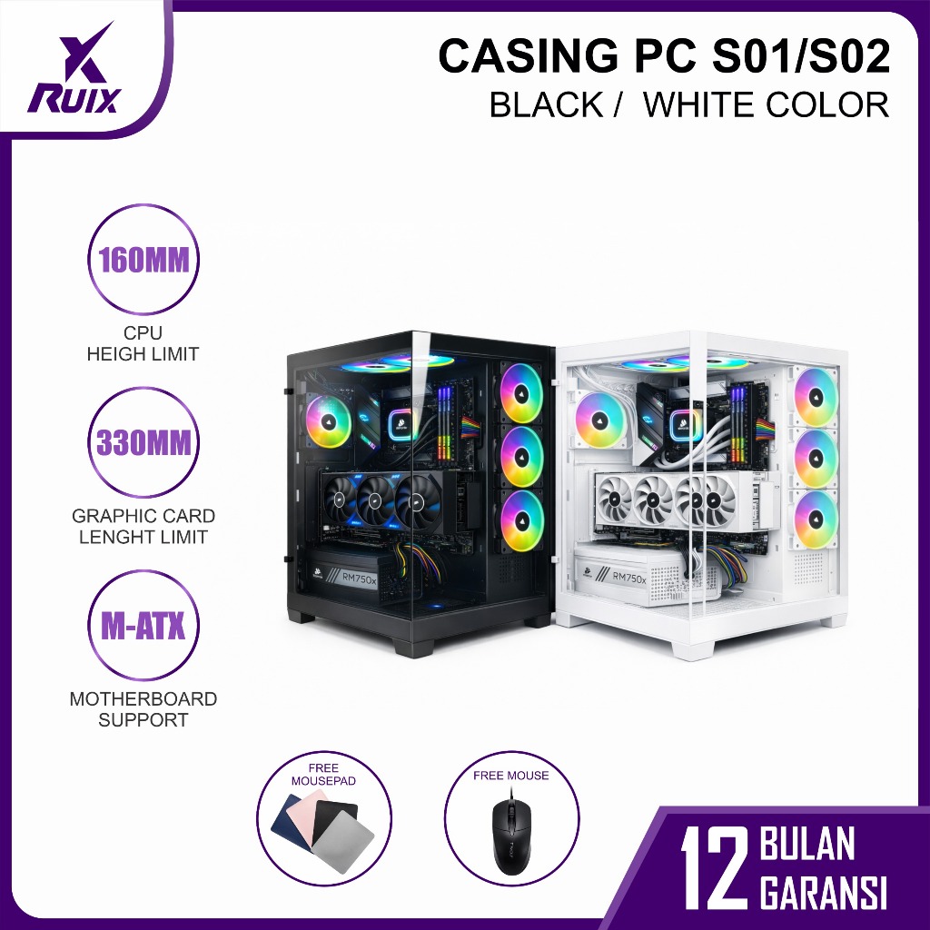 Jual Casing CPU PC Gaming S01 Black/S02 White ATX Mid Tower Panel ...