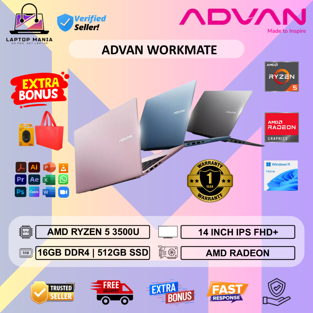 Jual Advan Workmate 14 Amd Ryzen 5 3500U 16GB Ram 512GB Ssd 14 Inch ...