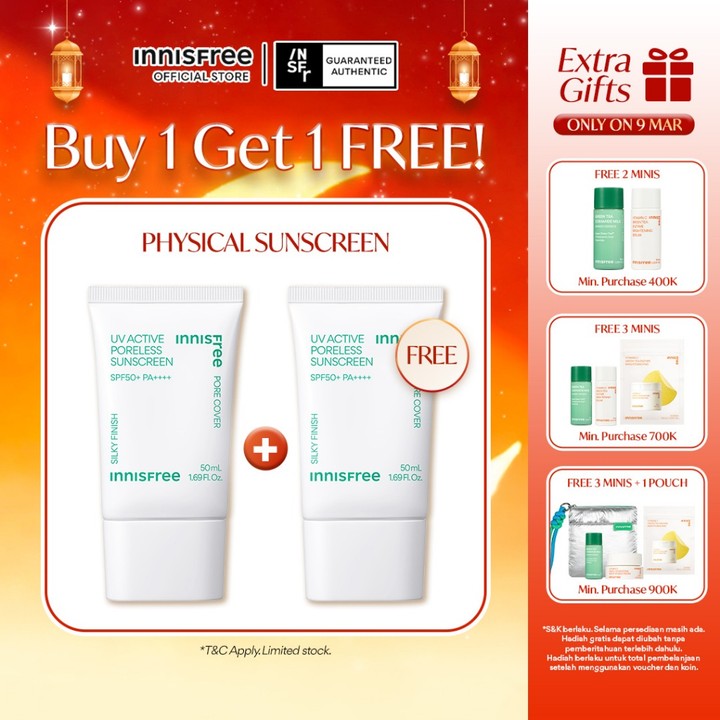 [THR Big Ramadan Sale] Buy 1 Get 1 Innisfree UV Active Poreless Sunscreen SPF50+