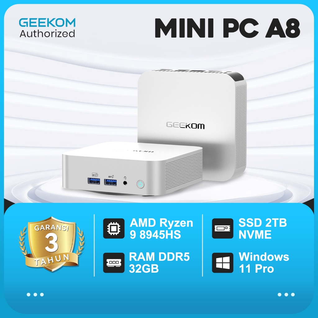 Jual GEEKOM A8 Mini PC with AMD Ryzen 9 8945HS, 3-Year Coverage