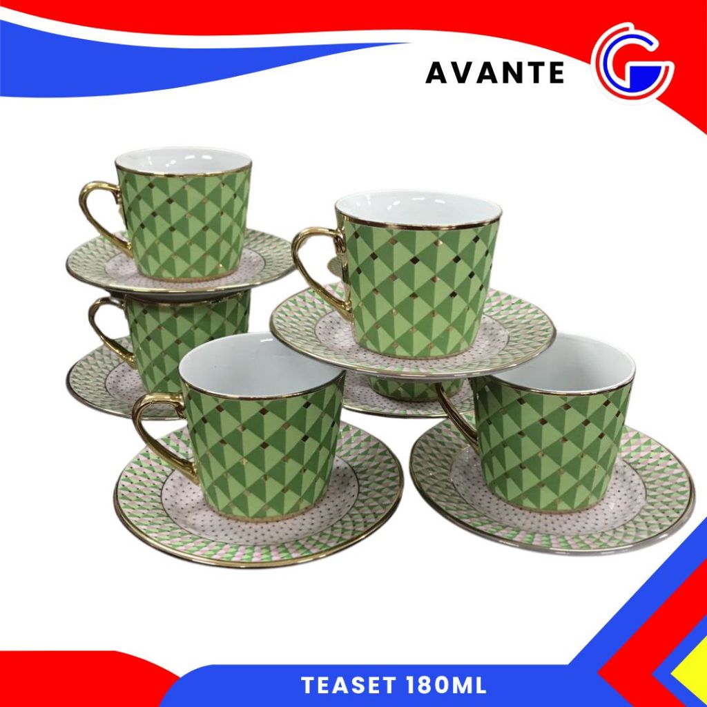 Avante Emerald Snack Set Keramik 6 Cangkir Lepek 1 Piring Kue - Hampers Lebaran Gift Box
