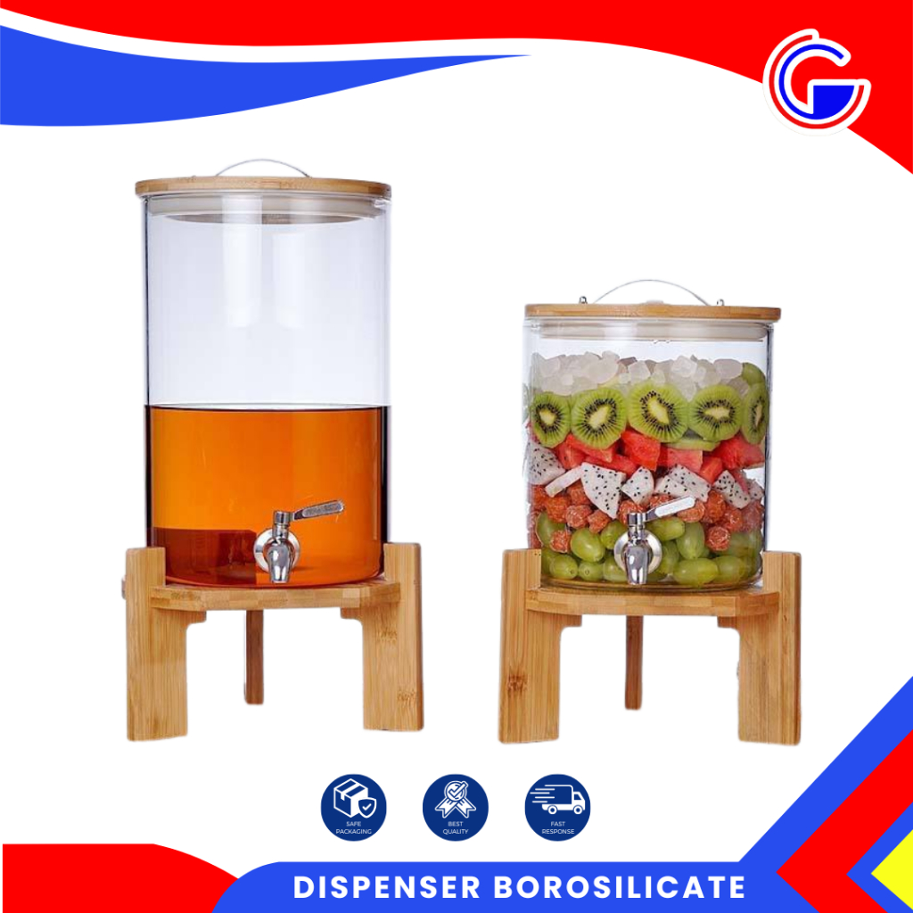 Dispenser Minuman Kaca Borosilicate - Juicer Kran + Tatakan Kayu - Set Lebaran Aesthetic [PETI]
