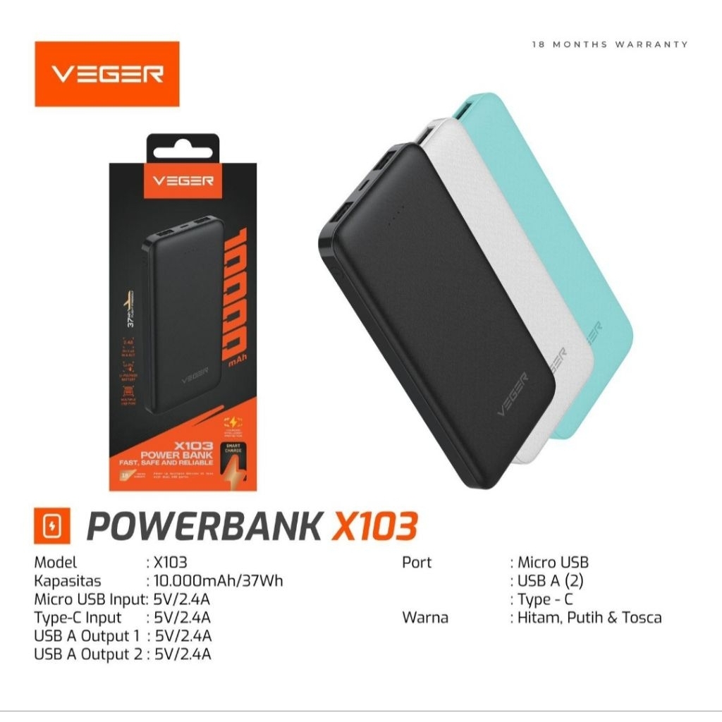 Jual VEGER X103 POWER BANK VEGER ULTIMATE 10000mAh X103 SLIM 2.4A ...