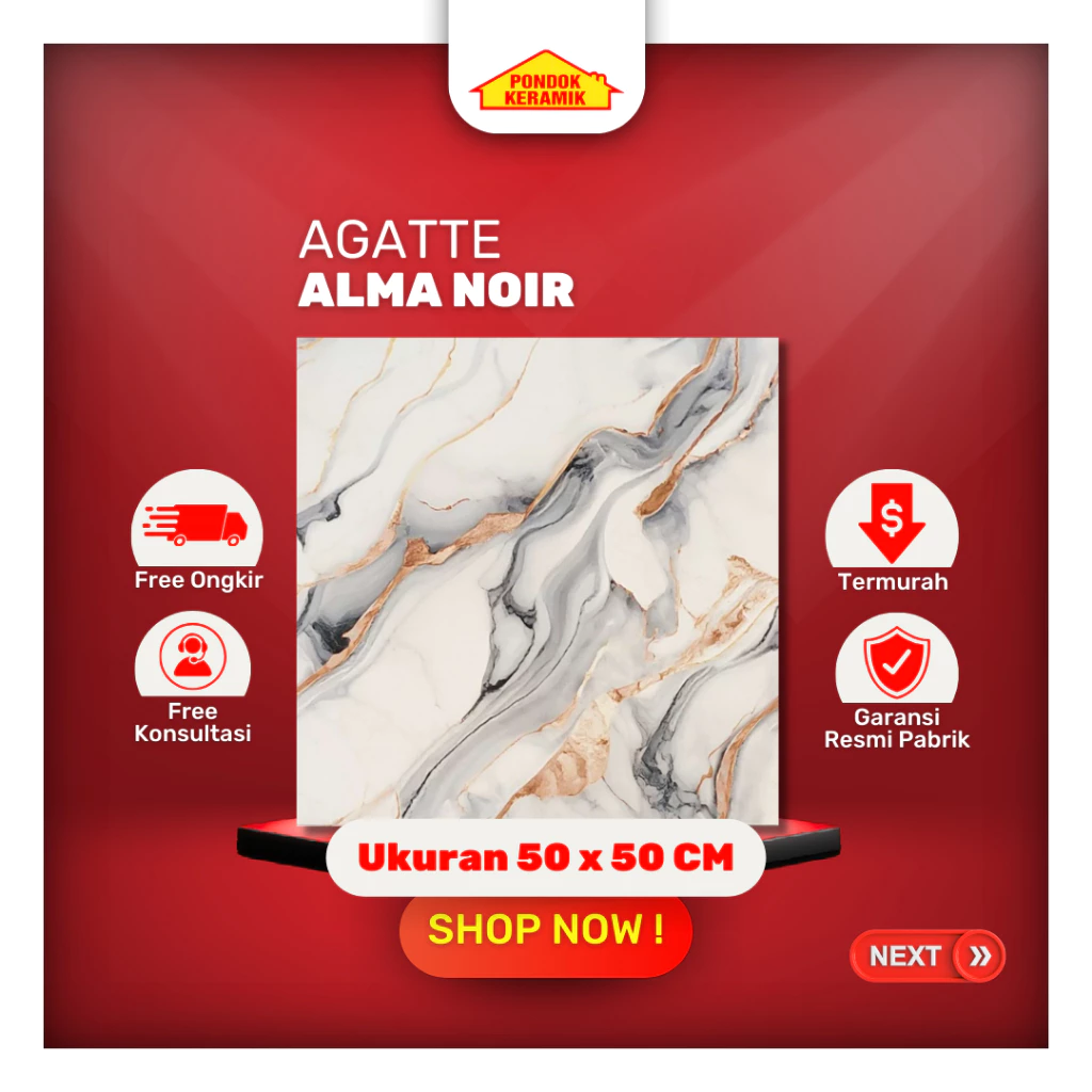 Keramik Lantai Agatte 50x50 Alma Noir Motif Marble Marmer Glossy Putih Abu