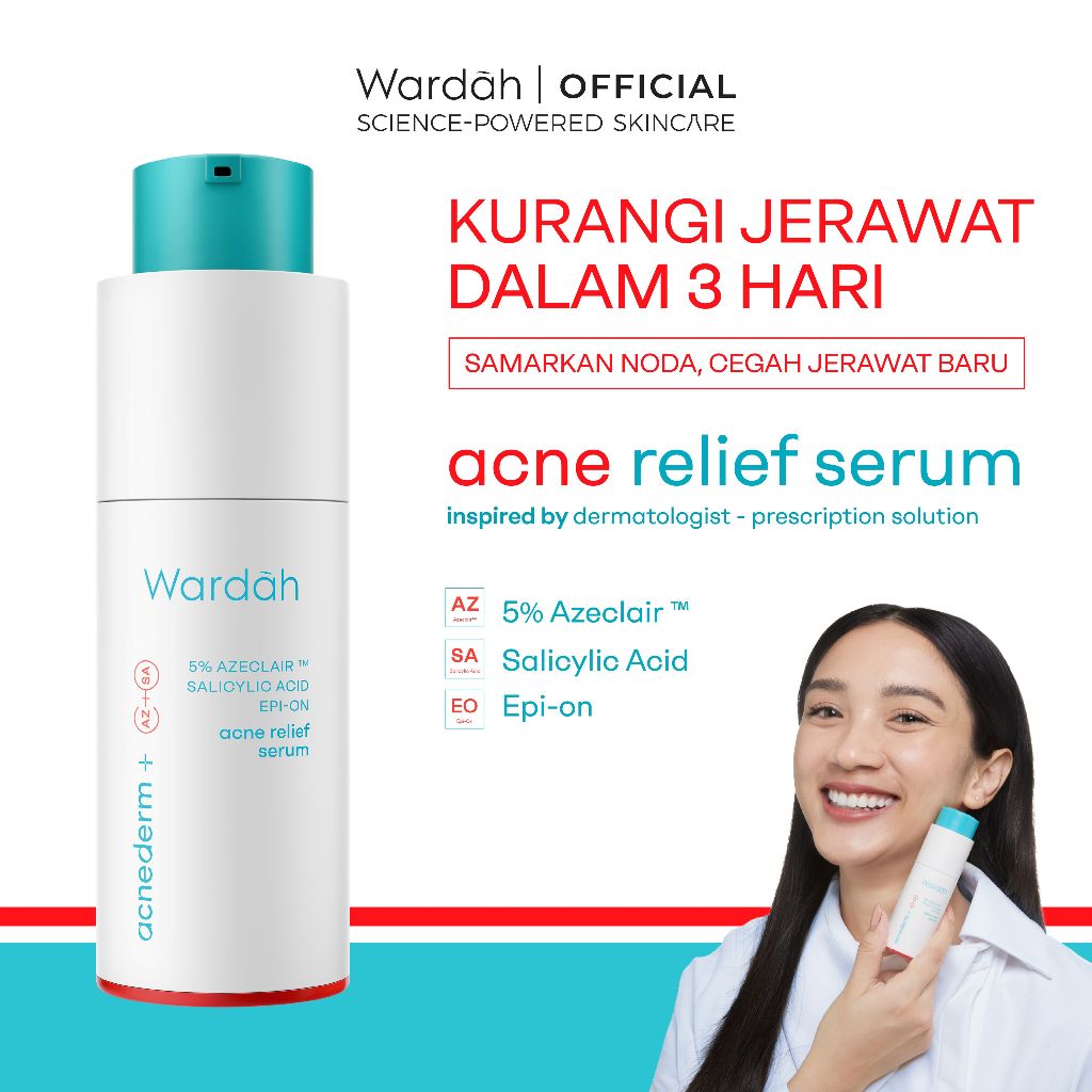 WARDAH Acne Serum Acnederm Relief Serum 20ml - Melawan Jerawat, Cocok untuk Kulit Berjerawat, Komedo, Menjaga Skin Barrier, Sensitive, Azeclair, Mengontrol Minyak Berlebih, Menghidrasi Kulit, Mengurangi Kemerahan - Skincare