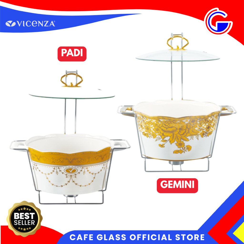 Vicenza Padi Gemini Wadah Saji Keramik Bulat - Prasmanan Pemanas Lilin Tutup Kaca Rak Besi Emas - Hanging Round Casserole
