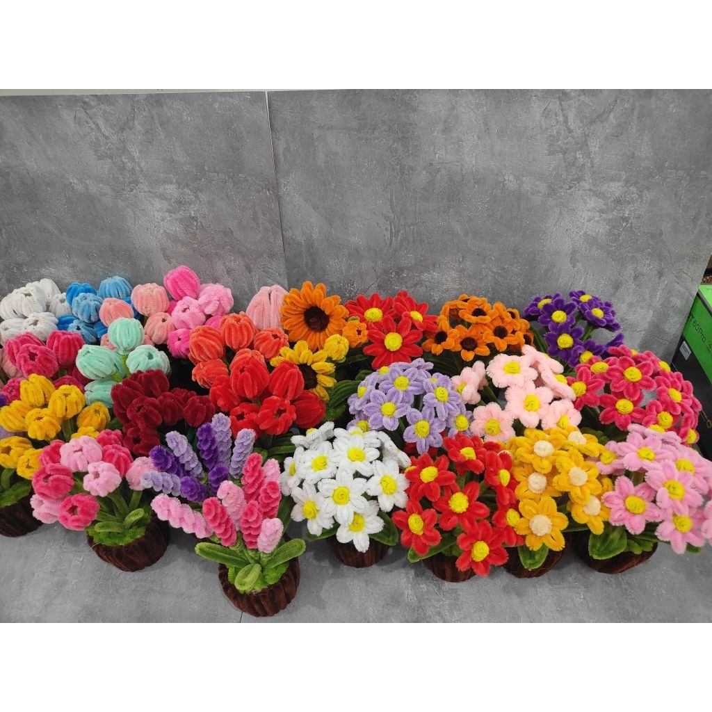 Bunga Pot Kawat Bulu / Bunga Tulip / Bunga Daisy , Bunga Matahari , Bunga Lily