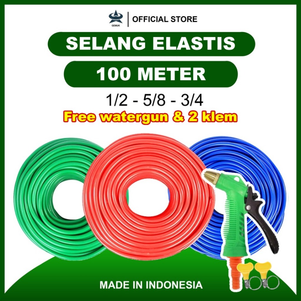 GEMUK Selang Air 100 Meter 1/2 5/8 3/4 Inch Selang Air Elastis Lentur DOP Selang Air Siram Tanaman Berkebun Selang Air Cuci Motor Mobil