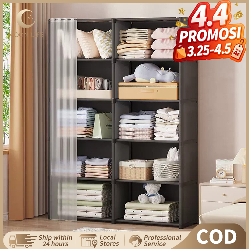 Jual COD Lemari Pakaian Sederhana Storage Rack Wardrobe Dengan Tirai ...