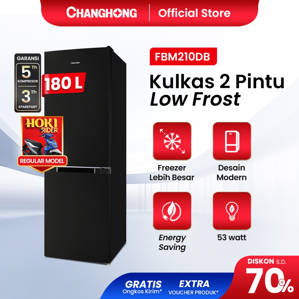 [Limited Offer] Changhong  Kulkas 2 Pintu  (Bottom Mounted Refrigerator) Lemari Es  Kapasitas 180 Liter FBM210DB Black (Low Frost) (Kulkas Fleksibel) (Kombinasi Pendingian Dan Pembekuan) ( Kulkas Temperred Glass)