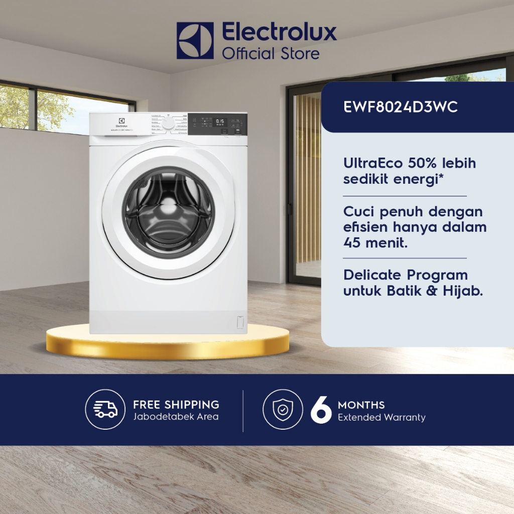 Electrolux Mesin Cuci Front Loading 8kg - Inverter - Full Kapasitas Cuci 45 Menit - Low Watt 350W - Bedcover & Hijab - Garansi  10 Tahun Motor - EWF8024D3WC