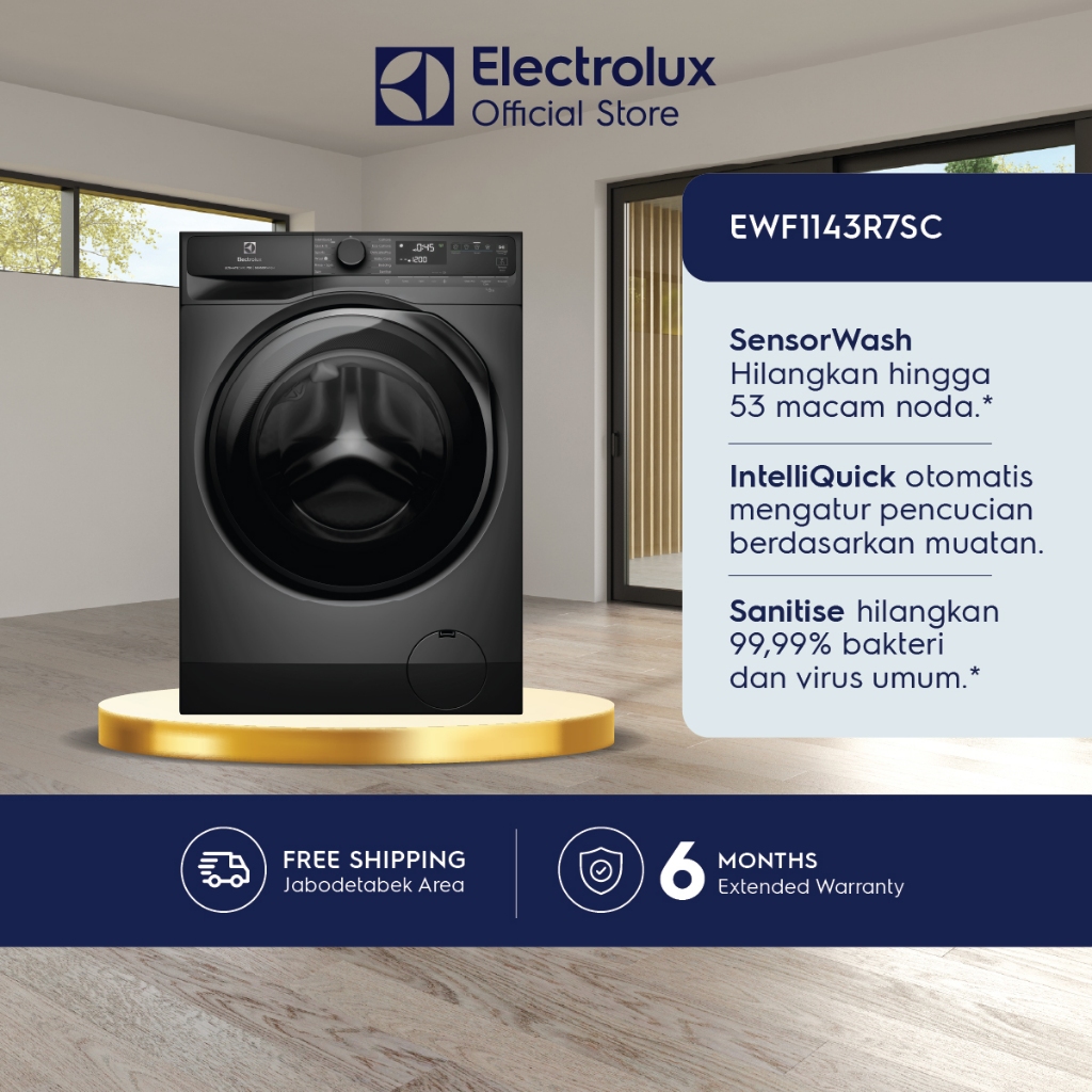 Electrolux Mesin Cuci Front Loading  11kg - Inverter - Full Kapasitas Cuci 45 Menit - WiFi - Pencucian Dengan Uap - Perawatan Khusus Untuk Pakaian Lembut - Garansi  10 Tahun Motor - EWF1143R7SC
